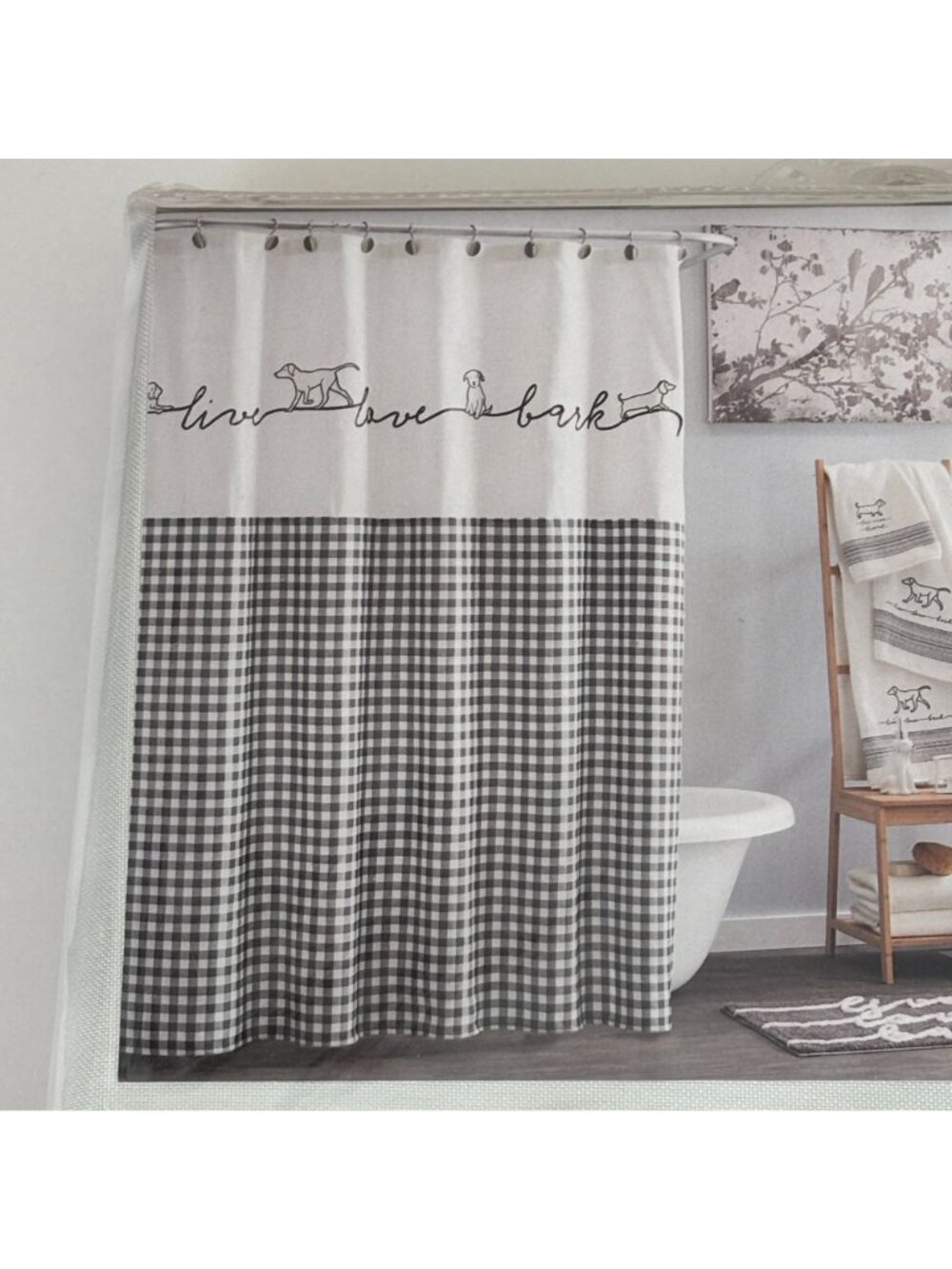 SKL Home Shower Curtain Farmhouse Dogs Black White Gingham 72x 72 Bathroom Decor - Picture 4 of 13